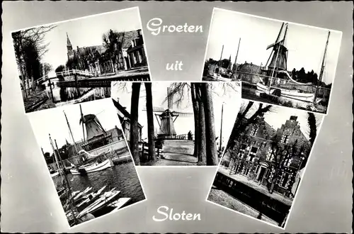 Ak Sloten Friesland Niederlande, de Hoge Brug, Hafen, Windmühle, Giebelhäuser