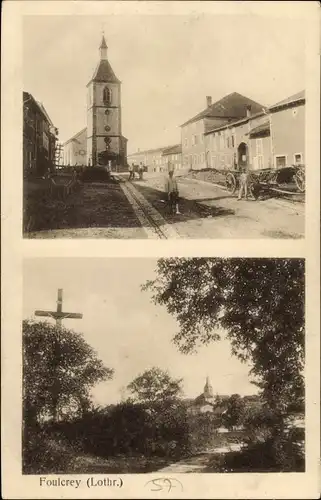 Ak Foulcrey Lothringen Moselle, Kirche, Straßenpartie