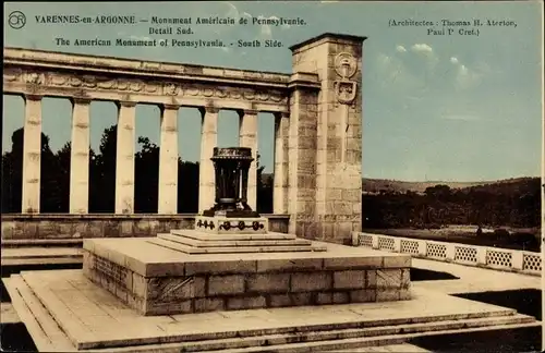 Ak Varennes en Argonne Meuse, Monument Americain de Pennsylvanie, Detail Sud