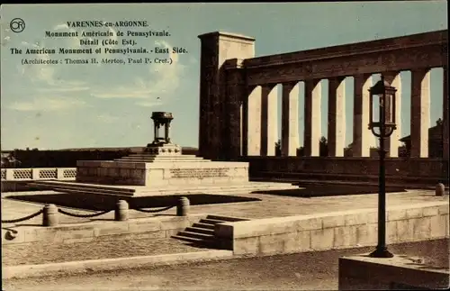 Ak Varennes en Argonne Meuse, Monument Americain de Pennsylvanie, Detail, Cote Est