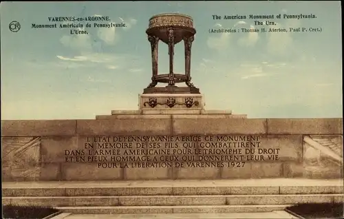 Ak Varennes en Argonne Meuse, Monument Americain de Pennsylvanie, L'Urne