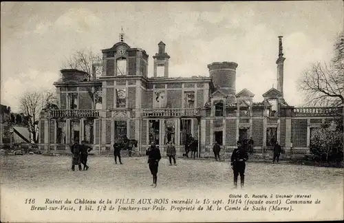 Ak Ville aux Bois Aube, Ruines du Chateau, Incendie 1914