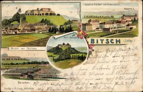 Litho Bitche Bitsch Lothringen Moselle, Festung, Kaserne Freiherr von Falkenstein, Fort Sebastian