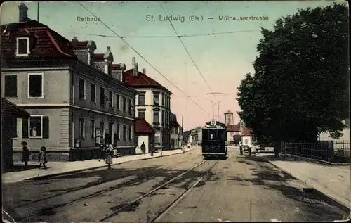 Ak Saint Louis Sankt Ludwig Elsass Haut Rhin, Mülhauserstraße, Rathaus, Straßenbahn Linie 5