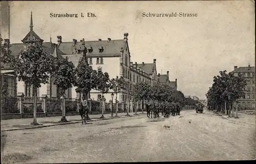Ak Strasbourg Straßburg Elsass Bas Rhin, Schwarzwald Straße, berittene Soldaten