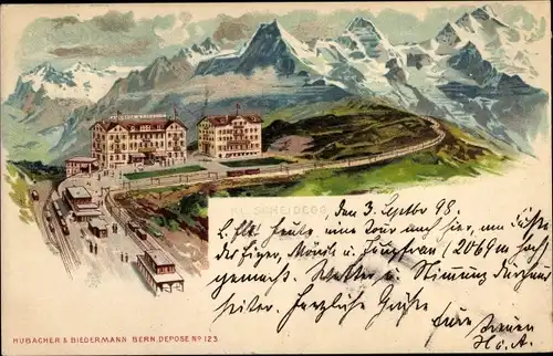 Litho Kanton Bern, Berner Oberland, Kleine Scheidegg, Bahnhof, Hotel, Gebirge