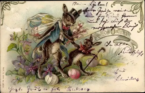 Präge Litho Glückwunsch Ostern, Osterhasen, Ostereier