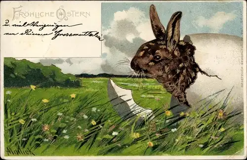 Litho Glückwunsch Ostern, Osterhase im Osterei