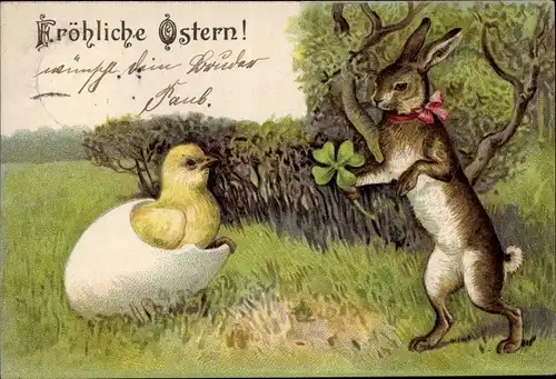 Präge Ak Glückwunsch Ostern, Osterhase, Küken schlüpft aus Ei