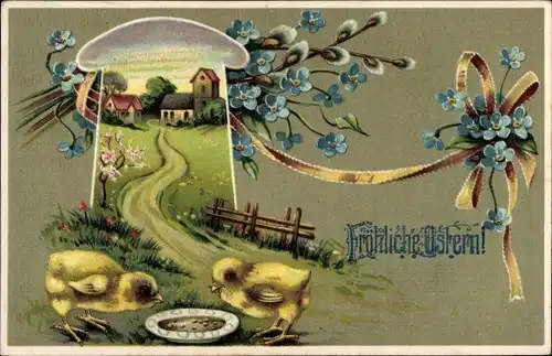 Ak Glückwunsch Ostern, Weidenkätzchen, Küken, Vergissmeinnicht