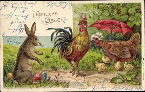 Ak Glückwunsch Ostern, Küken, Huhn, Hahn, Osterhase mit Ostereiern