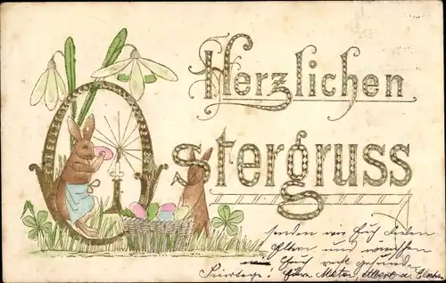 Ak Glückwunsch Ostern, Osterhase, Blumen, Ostereier, Glücksklee