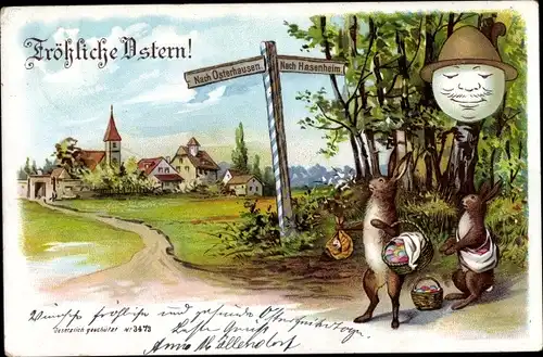 Litho Glückwunsch Ostern, Osterhasen mit Eiern, Osterhausen, Hasenheim