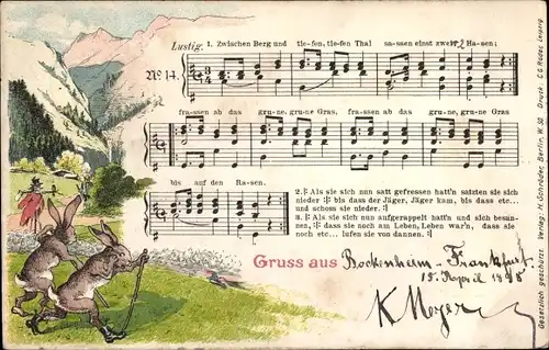 Lied Litho Glückwunsch Ostern, Osterhasen, Zwischen Berg und tiefen tiefen Thal...