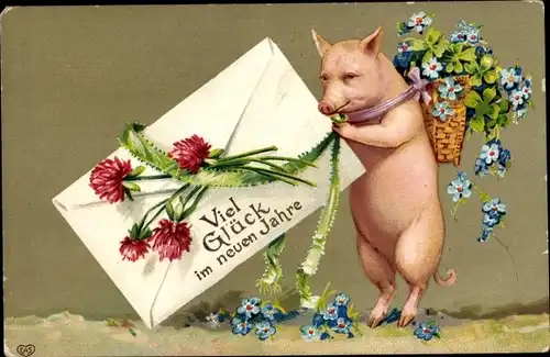 Ak Glückwunsch Neujahr, Schwein, Glücksklee, Vergissmeinnicht, Blumen, Umschlag