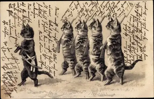 Präge Litho Katzen als Soldaten, Gewehr