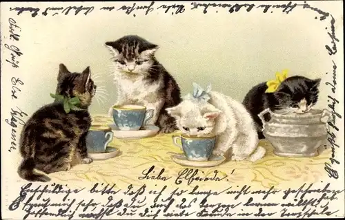 Litho Vier Katzen trinken aus Teetassen