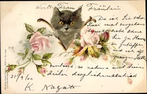 Litho Schwarze Katze mit Rosen