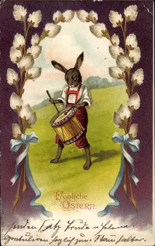 Präge Ak Glückwunsch Ostern, Osterhase mit Trommel, Weidenkätzchen