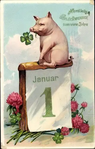 Ak Glückwunsch Neujahr, Schwein, Glücksklee, Kalender, Blumen