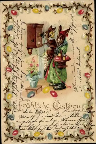 Litho Glückwunsch Ostern, Hasen am Telefon, Ostereier