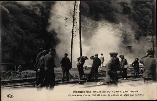Ak Saint Ouen Seine-Saint-Denis, Incendie des Magasins du Nord, Brandkatastrophe April 1909