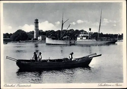 Ak Ostseebad Travemünde Lübeck, Leuchtturm, Trave, Ruderboot, Dampfer