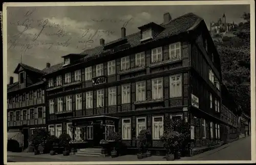 Ak Wernigerode am Harz, Hotel, Blick zum Schloss