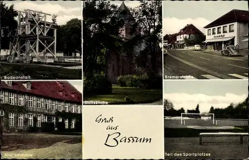 Ak Bassum in Niedersachsen, Bad, Stiftskirche, Bremerstraße, Krankenhaus, Sportplatz