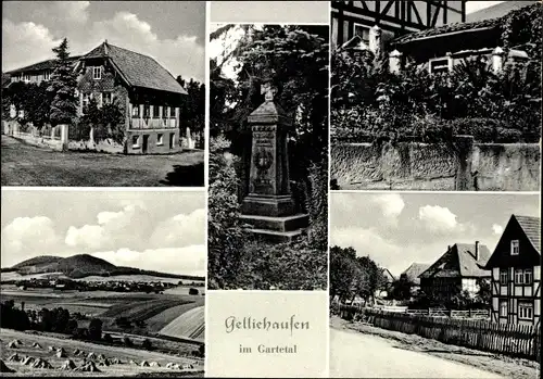 Ak Gelliehausen Gleichen in Niedersachsen, Ortspartie, Fachwerkhäuser, Panorama, Denkmal
