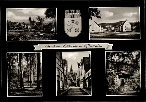 Ak Lübbecke in Westfalen, die Stadt des Bierbrunnens, Panorama, Ortspartien, Wappen