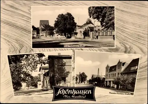 Ak Schönhausen an der Elbe, Ernst Thälmann Straße, Bahnhof Straßenseite, Theodor Fontane Straße