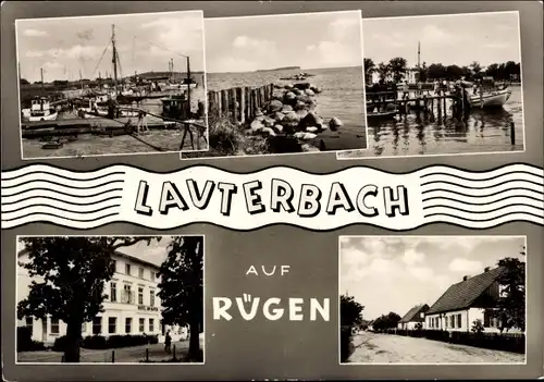 Ak Lauterbach Putbus auf Rügen, Teilansichten, Hafen, Hotel, Straßenpartie