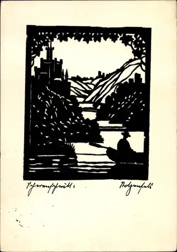 Scherenschnitt Künstler Ak Ruderpartie mit Schlossblick