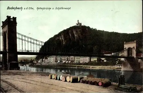 Ak Podmokly Bodenbach Děčín Tetschen an der Elbe Region Aussig, Kettenbrücke und Schäferwand