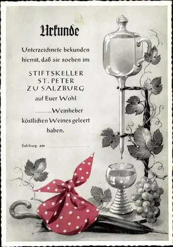 Ak Salzburg in Österreich, Urkunde Stiftskeller St. Peter, Wein, Schirm