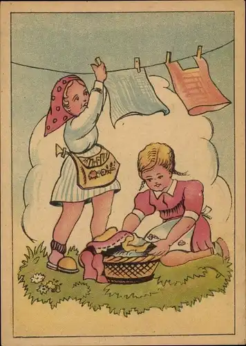 Ak Mädchen hängen Wäsche auf die Leine