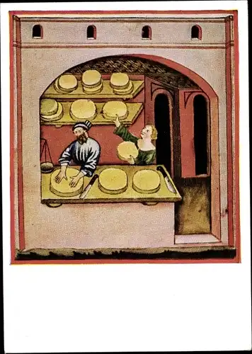 Künstler Ak Im Käseladen, Miniatur aus einer italienischen Handschrift, 14. Jh., Theatrum sanitatis