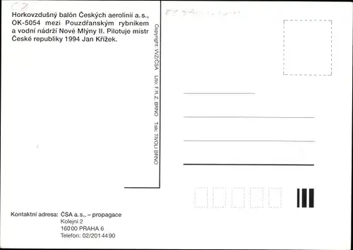 Ak Ballon ČSA, Horkovzdusny balón Ceskych aerolinii OK-5054 mezi Pouzdranskym rybnikem