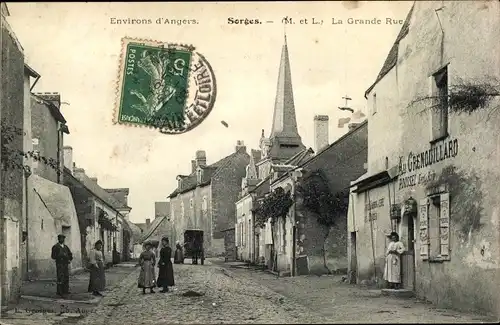 Ak Sorges Maine-et-Loire, La Grande Rue, Commerce Grenouillard