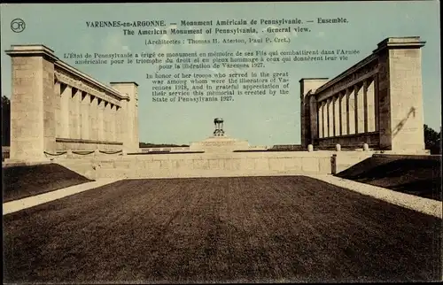 Ak Varennes en Argonne Meuse, Monument Americain de Pennsylvanie, Ensemble