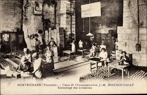 Ak Montrichard Loir et Cher, Caves de Champagnisation J. M. Monmousseau, Emballage des bouteilles