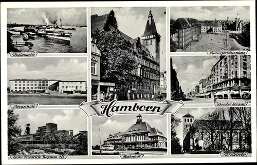 Ak Hamborn Duisburg im Ruhrgebiet, Rathaus, Abteikirche, Bhf, Bergschule, Zeche Friedrich Thyssen