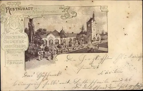 Litho Düsseldorf am Rhein, Industrie und Gewerbeausstellung 1902, Restaurant Dortmunder Brauerei