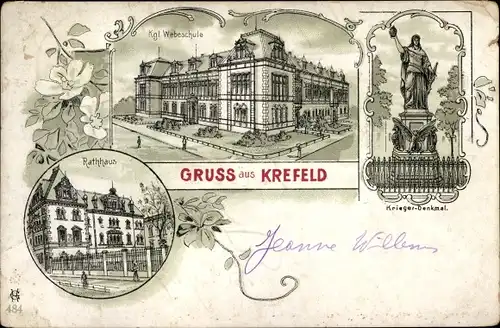 Litho Krefeld am Niederrhein, Königliche Webschule, Krieger-Denkmal, Rathaus