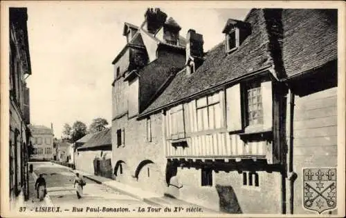 Ak Lisieux Calvados, Rue Pont Banaston, La Tour du XV siecle, Wappen