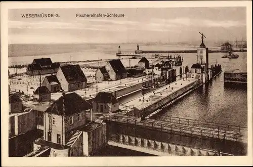 Ak Wesermünde Geestemünde Bremerhaven, Fischereihafen Schleuse