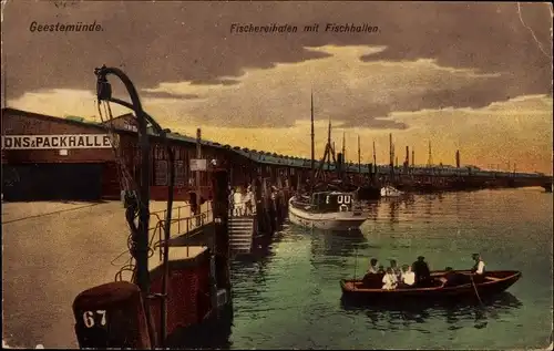 Ak Geestemünde Bremerhaven, Fischereihafen mit Fischhallen