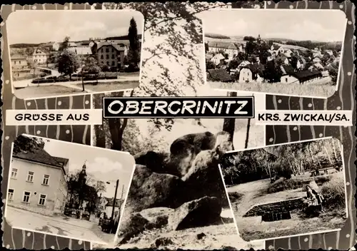 Ak Obercrinitz Crinitzberg, Panorama, Gebäude, Frau mit Kind, Fels