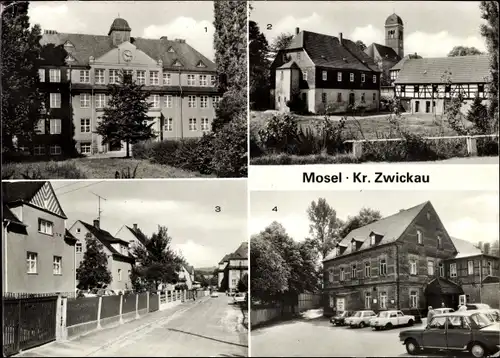 Ak Mosel Zwickau in Sachsen, Oberschule Makarenko, Pfarramt, Kirche, Gasthof Forellenmühle